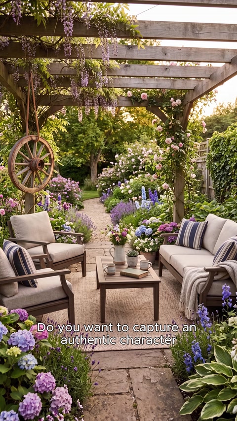 Pergola effetto legno e area salotto in un giardino fiorito
