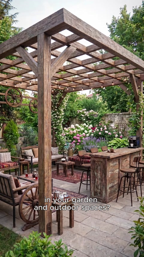 Travi effetto legno di una pergola che circonda un'area salotto all'aperto