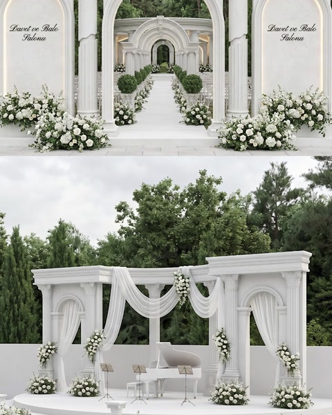 Wedding venue with white columned arch decoration arrangement