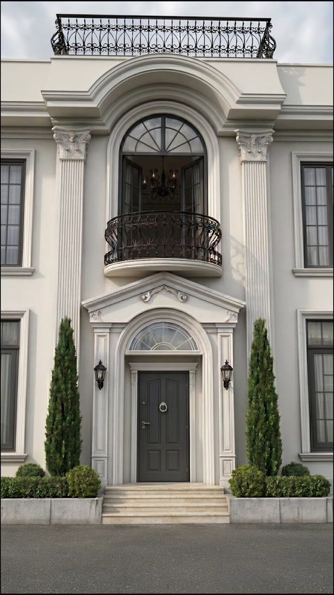 Un ingresso di edificio progettato con colonne decorative, un arco e cornici per finestre