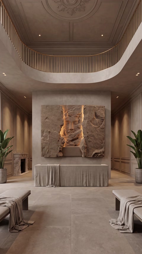 Una lobby beige decorata con modanature da parete e un pannello a rilievo