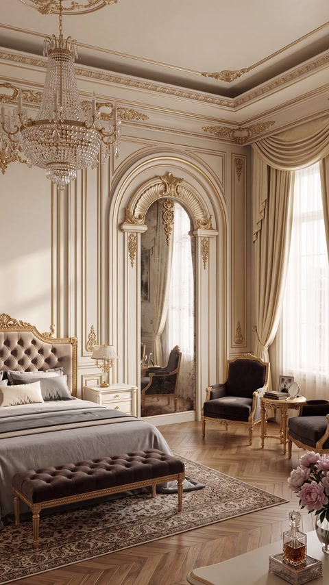 Una camera da letto decorata con ornamenti murali ad arco e cornici decorative