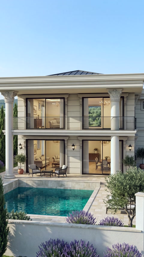 Villa facade featuring columns, belt courses and window surrounds overlooking a pool