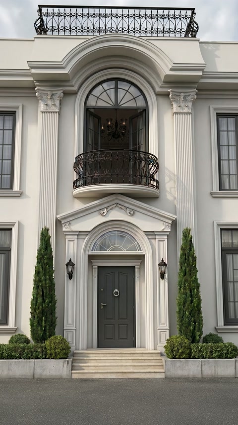 Residential facade arranged with columned entrance, arched balcony surround and belt courses