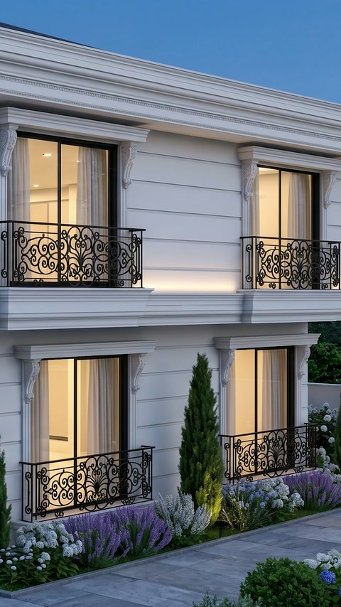 Villa facade completed with window surrounds, belt courses and balcony railings