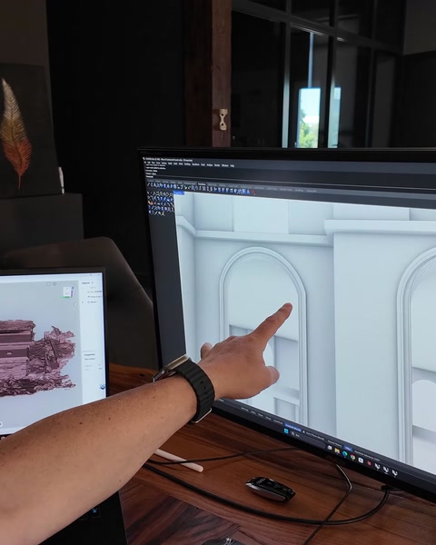 High arched entrance and façade frame model viewed in close-up.