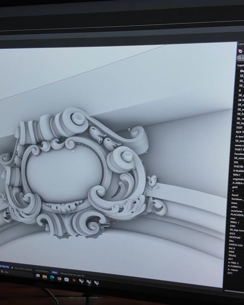 Curved ornamental arch cornice viewed closely on three-dimensional model.