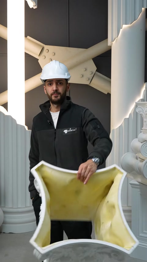 L'artigiano mostra la struttura interna e la leggerezza di un capitello in poliuretano