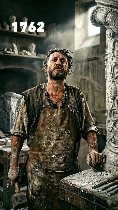Un maestro decoratore tradizionale è visibile davanti a un banco da lavoro per la lavorazione della pietra