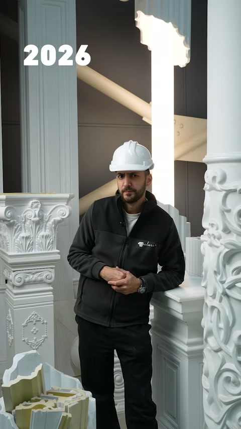 Il presentatore fornisce spiegazioni davanti a colonne in poliuretano e profili decorativi