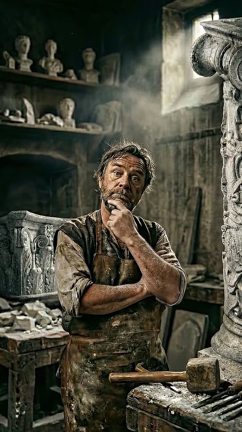Un maestro artigiano rimane davanti ai capitelli cesellati in un'antica bottega