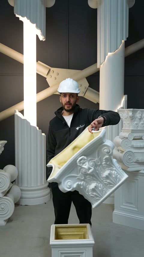 Un capitello di colonna in rilievo è tenuto in posizione obliqua per presentare la superficie interna