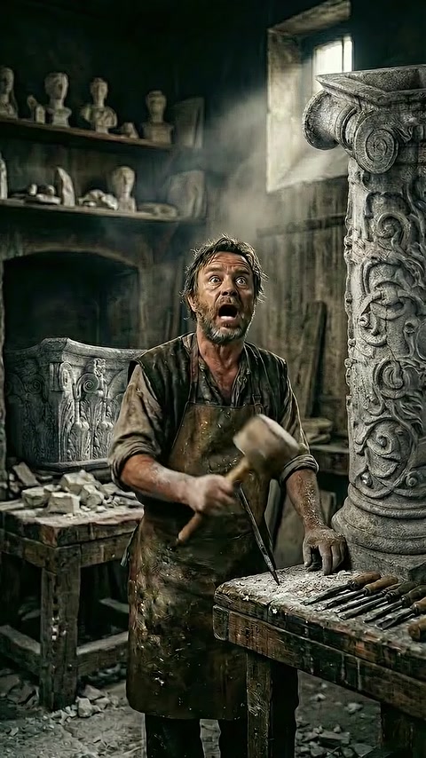 Un artigiano è raffigurato mentre lavora con attrezzi manuali su un banco da lavoro per decorazioni in pietra