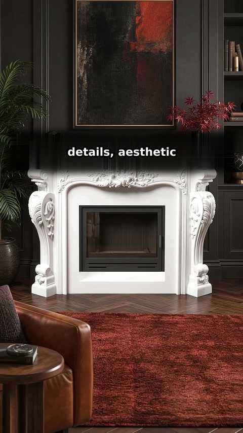 The completed carved fireplace surround stands against a charcoal paneled wall.