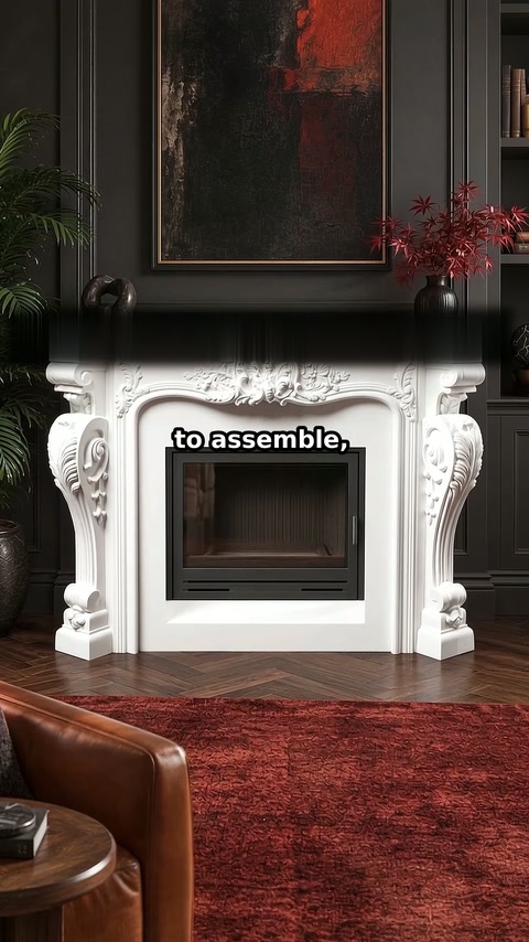 The installed white fireplace surround appears in a furnished living room.