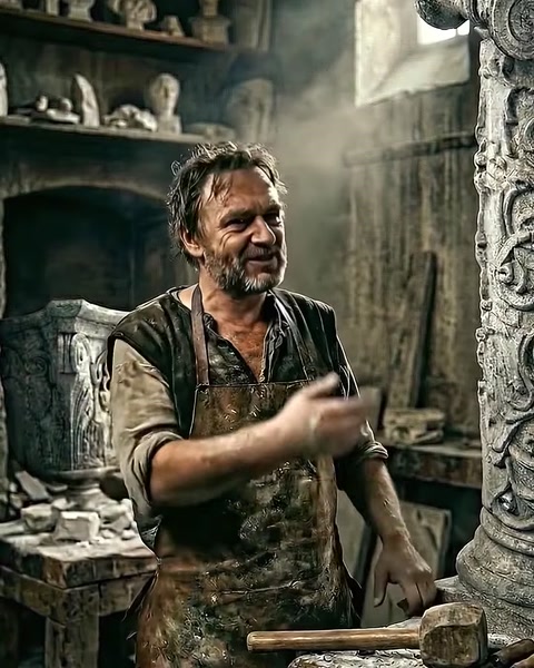 Craftsman raises hammer mid-strike carving stone in workshop