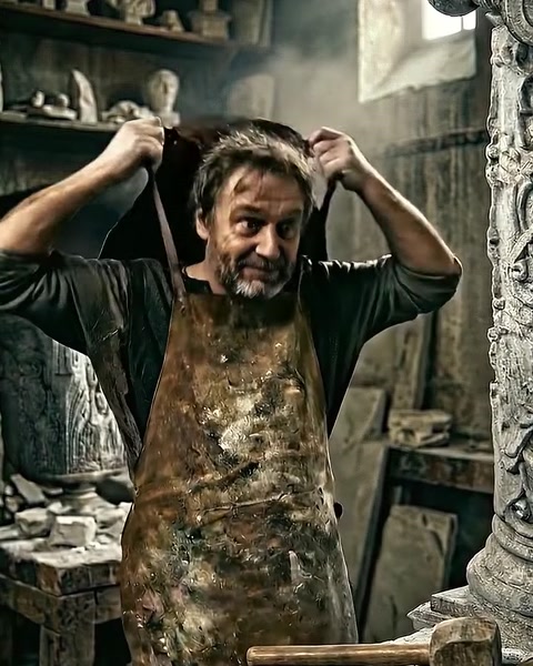 Craftsman lifts arms with hammer above head carving stone