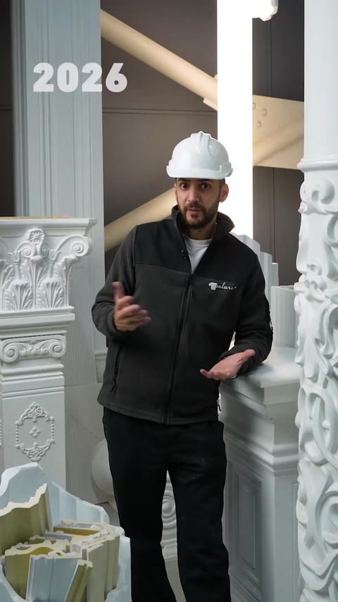Staff member explains carved polyurethane columns inside factory showroom