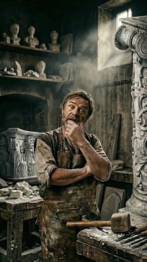 Stone carver studies detailed ornamental pieces on workshop shelf