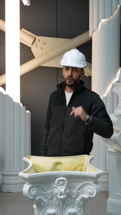 Employee holds flexible polyurethane mold beside factory columns