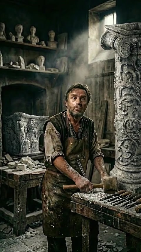Craftsman hammers chisel shaping stone ornament at workbench