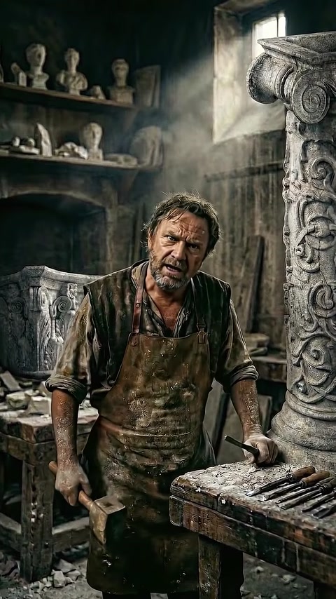Carver stands near shelves stacked with carved stone ornaments