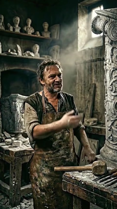 Craftsman raises hammer mid-strike carving stone in workshop