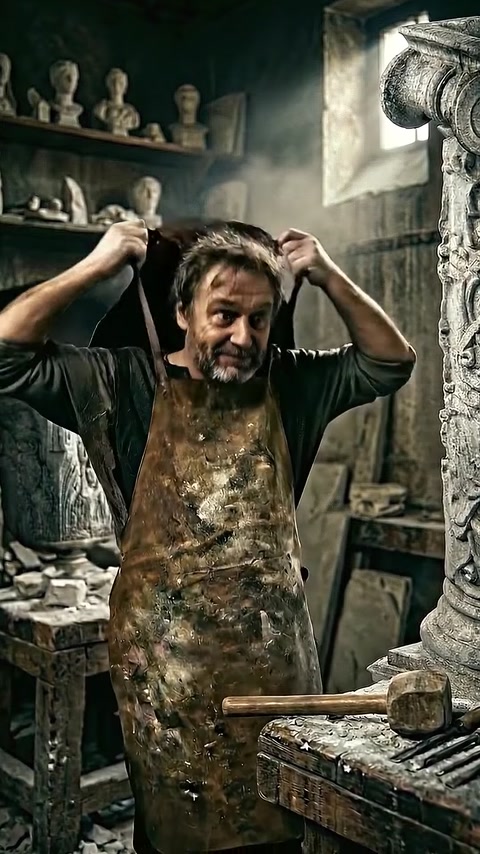 Craftsman lifts arms with hammer above head carving stone