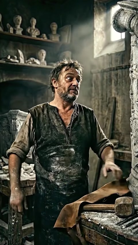 Stone carver stands amid dusty workshop gesturing while speaking