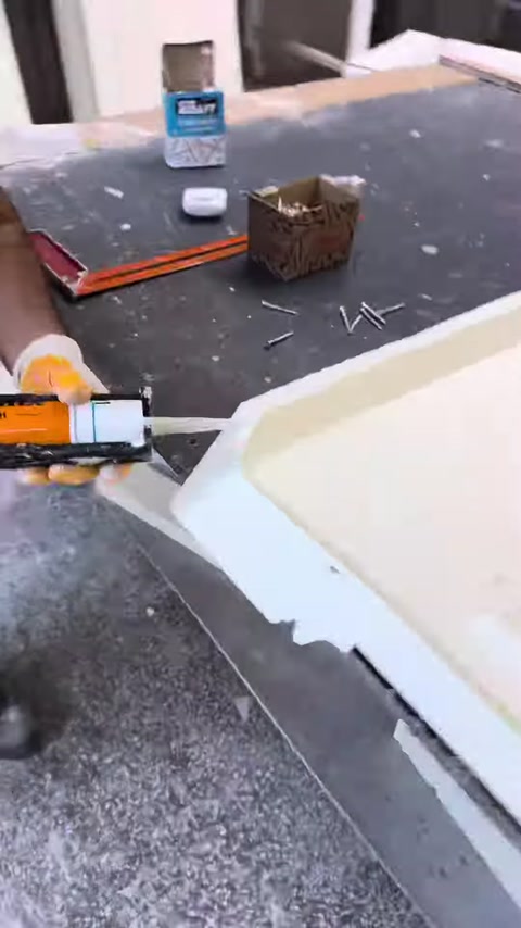 Adhesive is applied to the edge of the polyurethane part to be joined