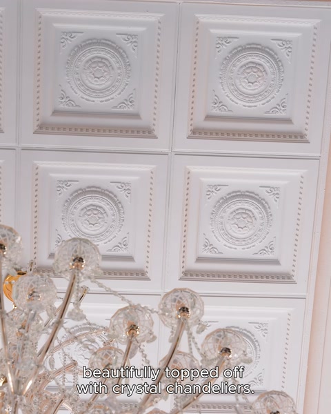 Rosoni in rilievo nei medaglioni a soffitto e pannelli decorativi incorniciati