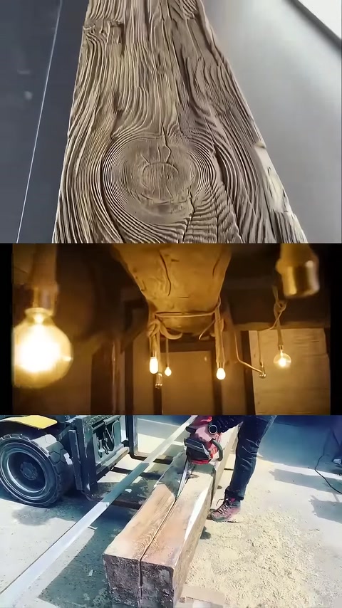 La texture del legno con segni di nodi è mostrata da vicino sulla superficie della trave