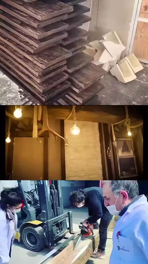 Sono visibili travi rustiche disposte sul soffitto e lavorazioni in laboratorio