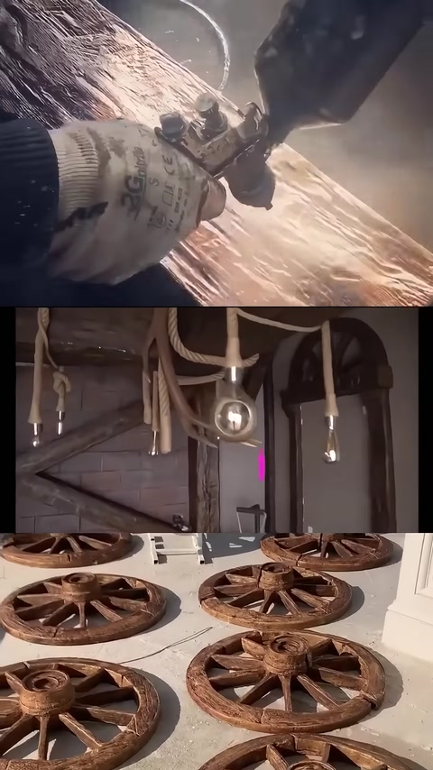 Una superficie decorativa effetto legno viene lavorata con un utensile manuale in laboratorio