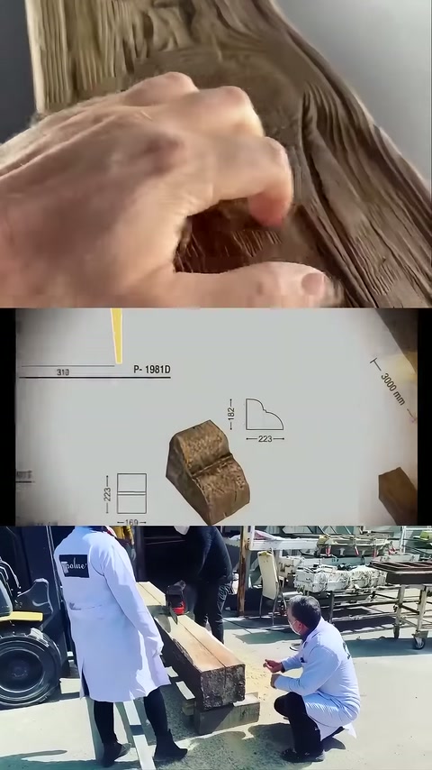 Grain-patterned decorative rafter sample is examined in detail with fingertips