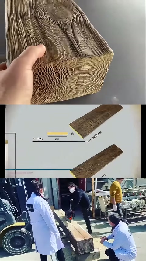 Decorative rafter sample's crack-textured end detail is examined