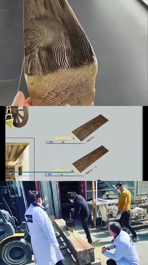 Thick decorative beam's surface grains and section details are displayed