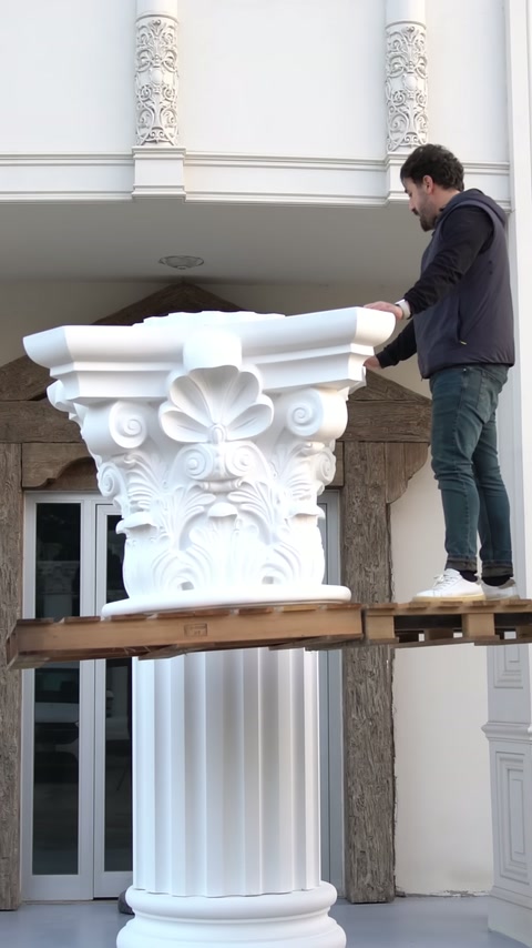 The edges of the floral capital are being balanced by hand from the scaffolding.