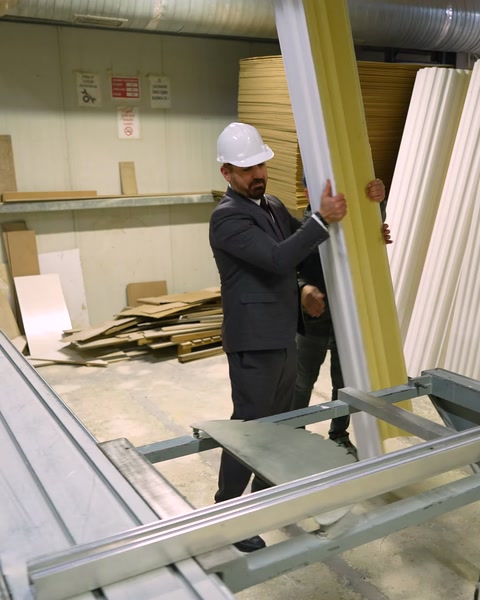 Worker holds finished polyurethane molding profile on storage rack