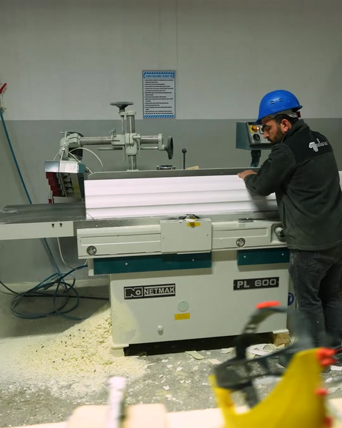 Workers operate precision saw cutting polyurethane molding profile