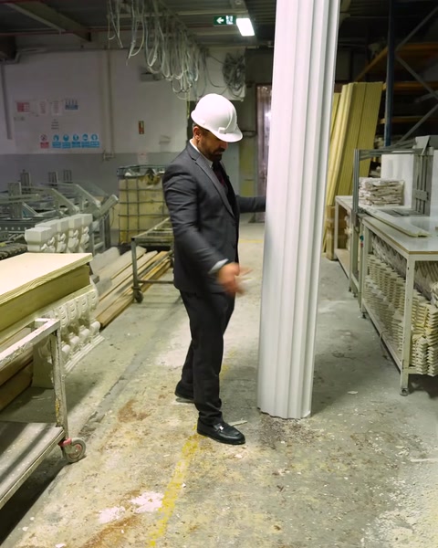 Manager stands beside tall finished polyurethane decorative column