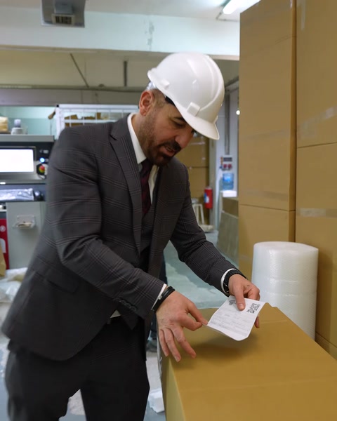 Manager tapes packaging label onto polyurethane product box