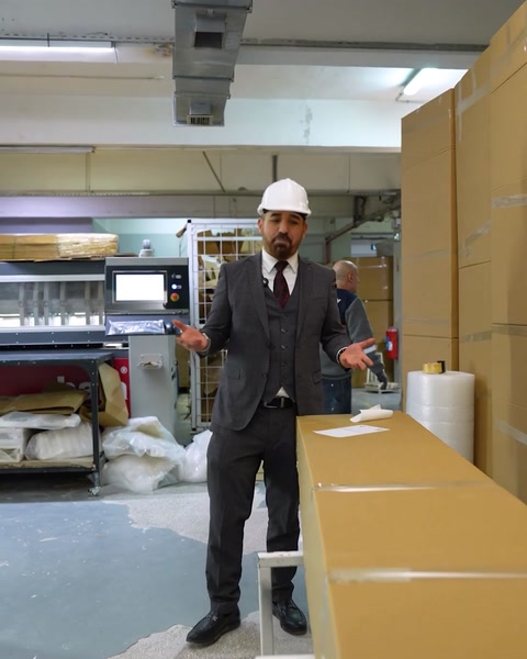 Manager stands near packaged polyurethane product ready for shipping