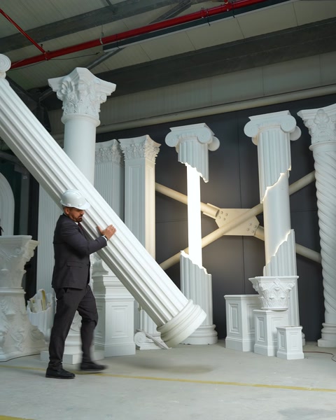 Finished polyurethane columns displayed in factory showroom area