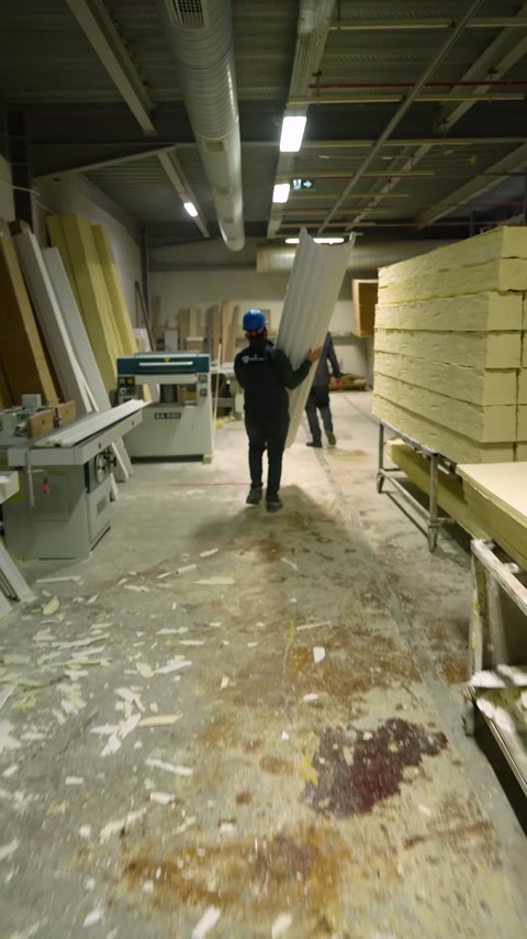 Worker carries raw polyurethane material sheets across warehouse floor