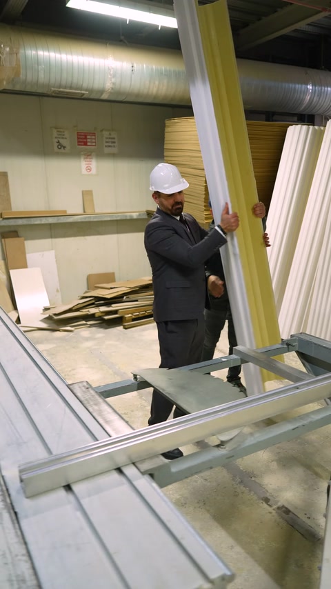 Worker holds finished polyurethane molding profile on storage rack