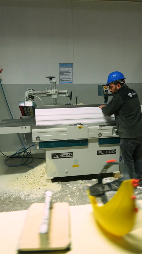 Workers operate precision saw cutting polyurethane molding profile