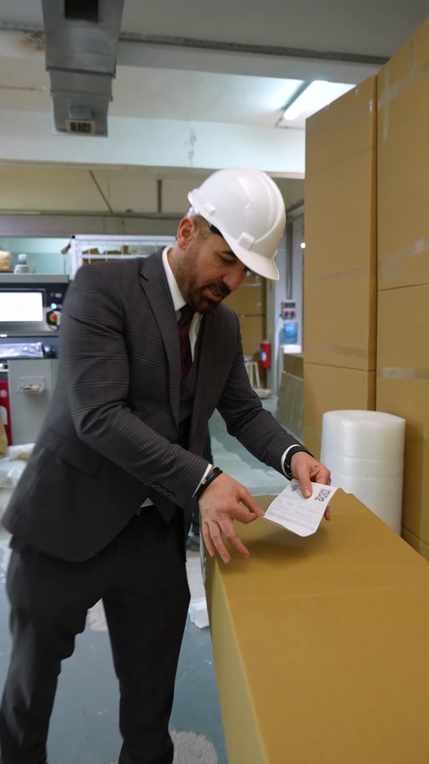 Manager tapes packaging label onto polyurethane product box