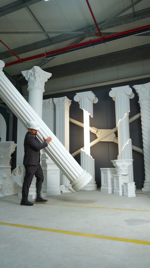 Finished polyurethane columns displayed in factory showroom area