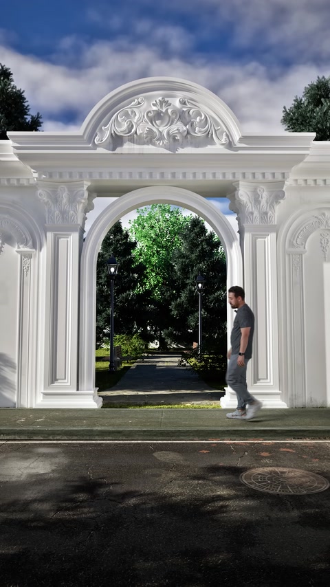 Magnifico portale d'ingresso completato con colonna, arco e cornice ornata.
